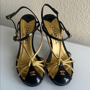 CHANEL Black and Gold Heels with Elegant Ankle Straps
